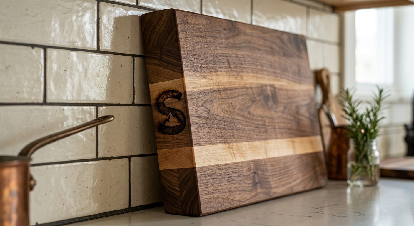 Edge-grain walnut board with a single light maple stripe, leaning against cream subway tile