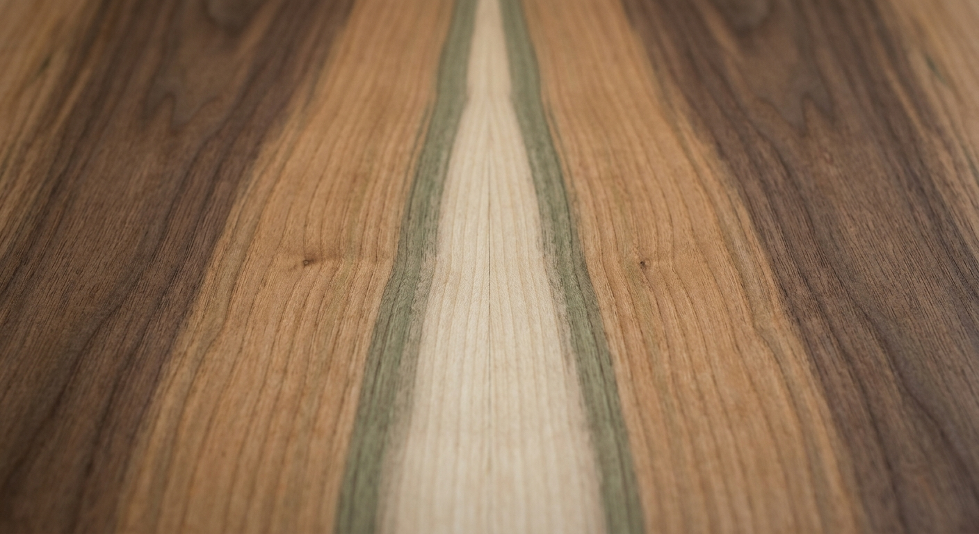 Macro study of book-matched hardwood grain, mirrored symmetrically with a warm hand-oiled sheen