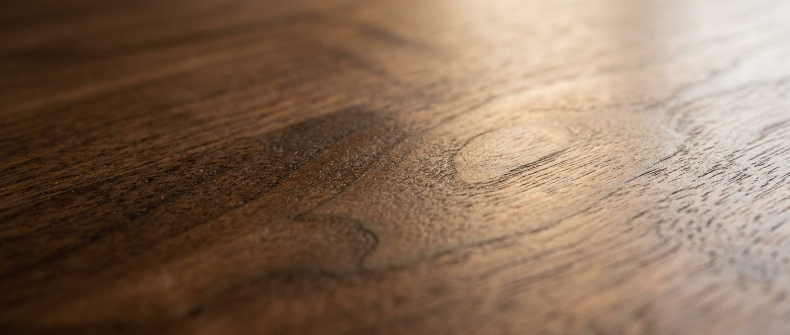 Extreme close-up of a hand-rubbed oil finish catching the light along dark walnut grain