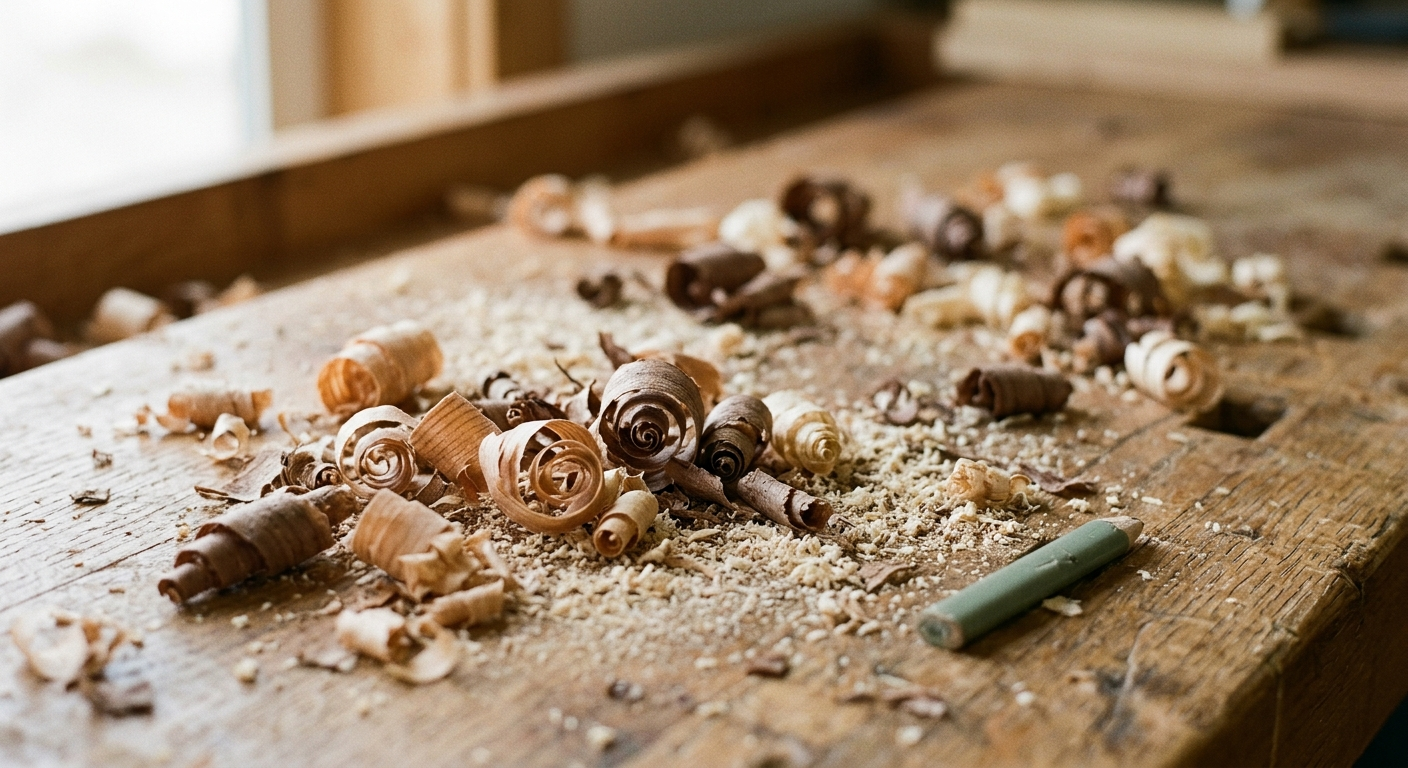 Curled wood shavings and sawdust scattered across a warm workbench