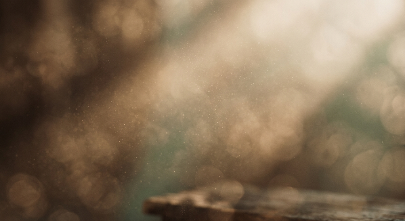 Warm golden workshop light and drifting dust motes over a wooden bench edge